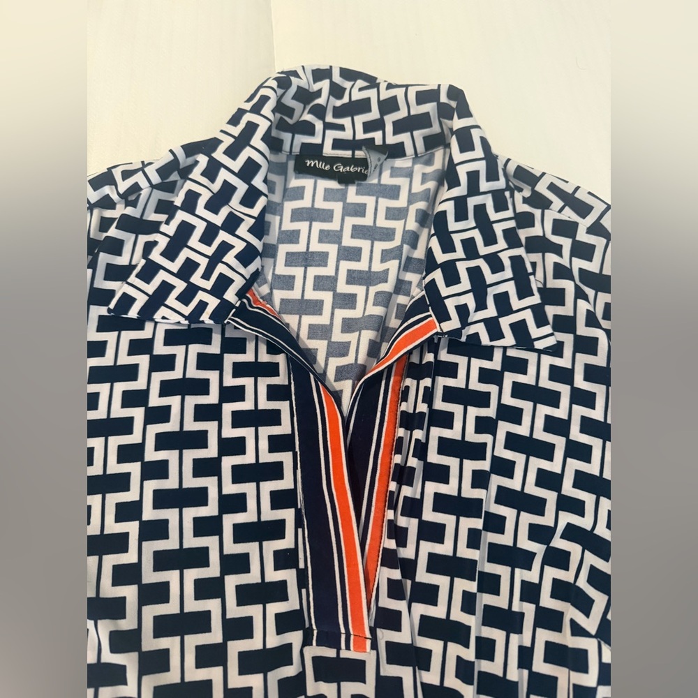 Navy Geometric Midi Shirt Dress with Contrast Stripe Trim - Picture 3 of 3